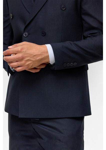 Lacivert Slim Çizgili Kruvaze Yaka 6 Drop Takım Elbise indirimleri