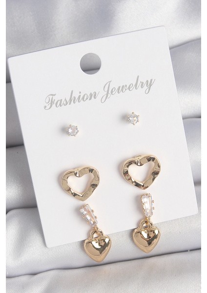 Bfs Pirinç Gold Renk Zirkon Taşlı Sallantı Kalp Model Kadın 3 Çift Küpe Seti