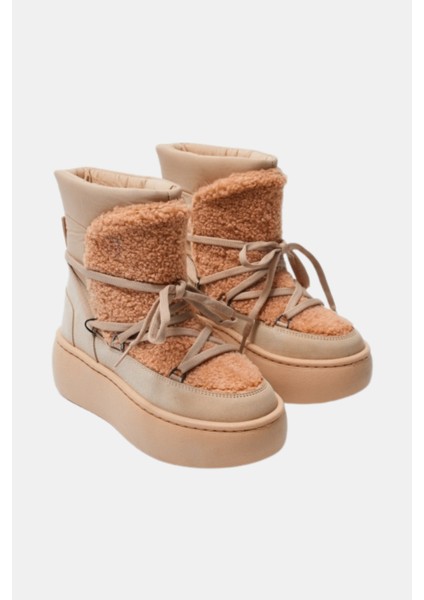 Kadın Kürklü Kalın Taban Bağcıklı Termal Kar Botu - Bej