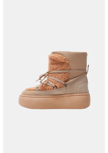 Kadın Kürklü Kalın Taban Bağcıklı Termal Kar Botu - Bej modelleri
