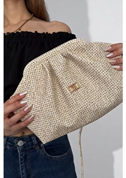 Kadın Krem Hasır Görünümlü El ve Omuz Askılı Clutch Çanta