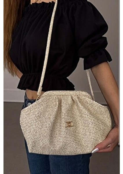 Kadın Krem Hasır Görünümlü El ve Omuz Askılı Clutch Çanta modelleri