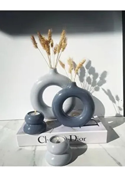 Sibel/ela Tasarım 2'li Halka Vazo 2'li Mumluk Set