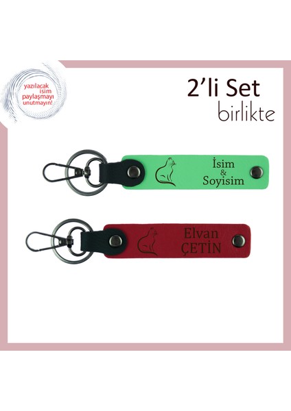 Sevgi Dolu Patilere Saygı Hediyesi, Kedili, Kişisel Yazılı Anahtarlık, Fıstık Yeşil-Kırmızı