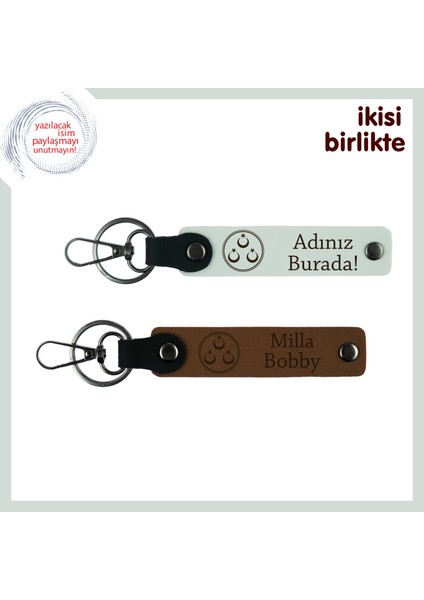 Kayınpedere Özel Hediye Üç Ayyıldız Temalı Isim & Soyisim Yazılı Ikili Anahtarlık Seti, Beyaz-Kahve