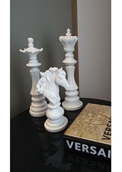 3'lü Set Dekoratif Satranç Biblo Takımı, Satranç Heykel Set, Chess Set, Şah Vezir At Dekoratif Biblo