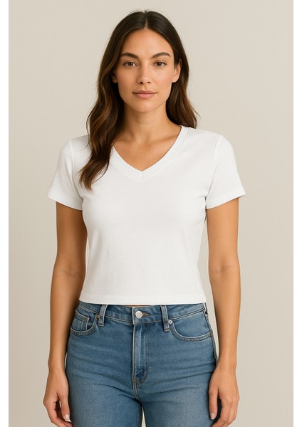V Yaka Beyaz Modal Kumaş Kadın Crop