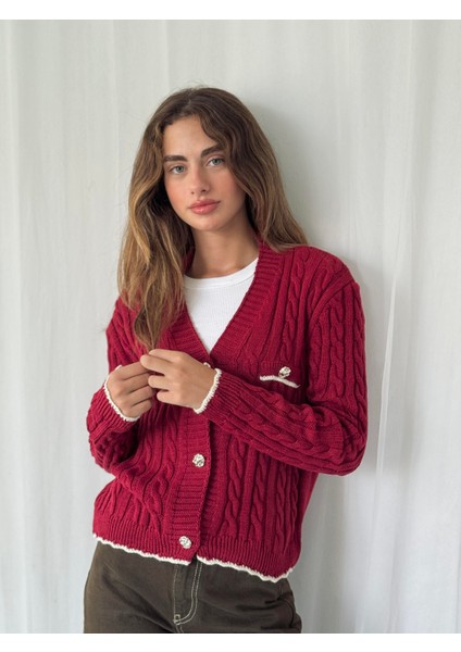 Gold Düğmeli Hırka Kadın Bordo