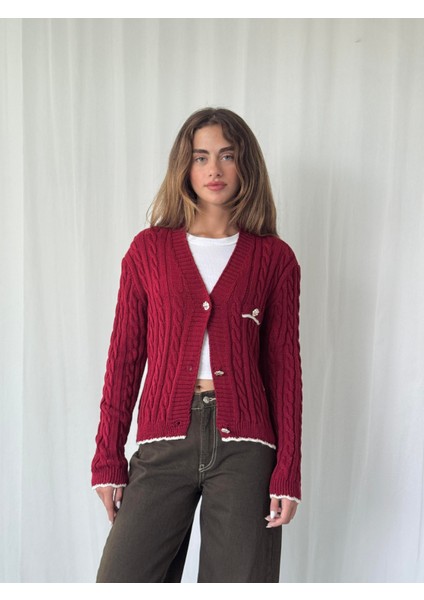 Gold Düğmeli Hırka Kadın Bordo modelleri