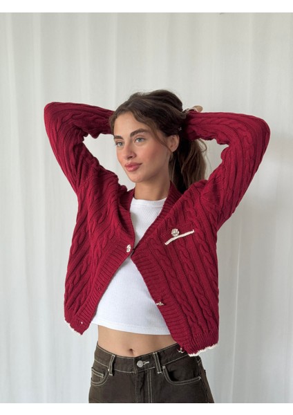 Gold Düğmeli Hırka Kadın Bordo indirimleri