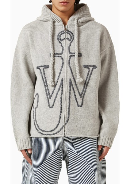 Merino Yünlü Çapa Işlemeli Kapüşonlu Sweatshirt, Gri, Modern ve Sıcak