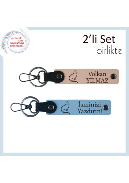 Tatlı Miyavlara Zarif Hediye, Kedili Temalı, Kişisel Deri Anahtarlık, Yavru Ağzı-Gök Mavi