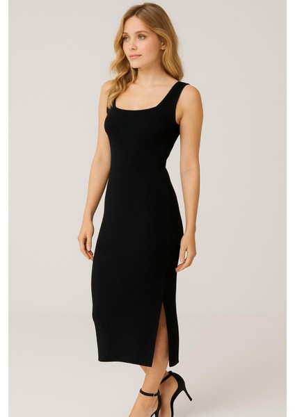 Siyah Ottoman Kumaş Kadın Elbise