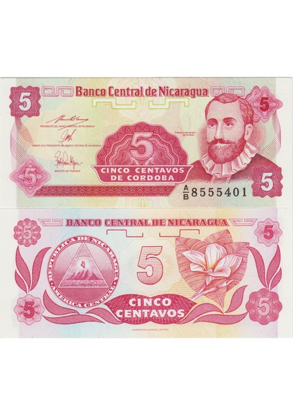 Nikaragua 5 Centavos 1991-92 Pick 168A(2) Çil Kondisyon.