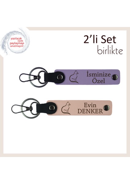 Kedili Hediye Setlerine Uyumlu, Kişisel Yazılı Deri Anahtarlık, Mor Menekşe-Yavru Ağzı