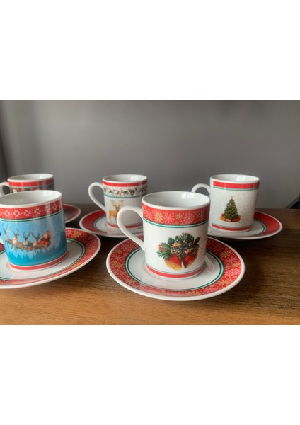 Yeni Yıl-Noel Karışık Model 18 Parça 6 Kişilik Kupa ve Türk Kahvesi Fincanı Takımı