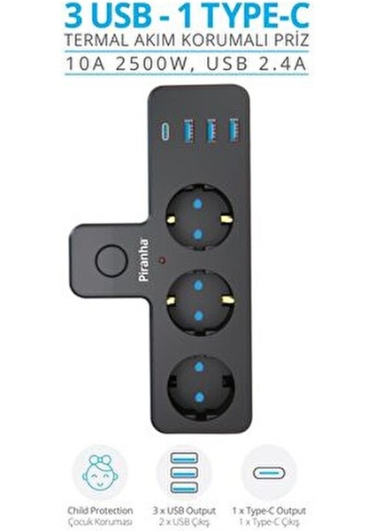 45520 Termal Akım Korumalı / 3 x USB - 1 x Type-C Girişli / 3'lü Priz