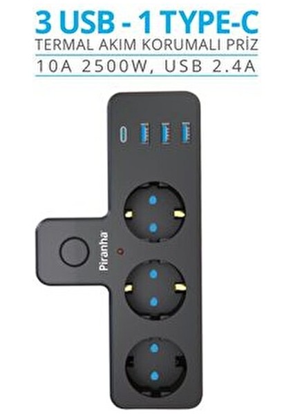 45520 Termal Akım Korumalı / 3 x USB - 1 x Type-C Girişli / 3'lü Priz fiyatları