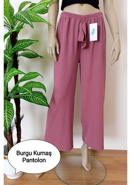 Kadın Gülkurusu Beli Lastikli Dökümlü Geniş Paça Burgu Kumaş Palazzo Pantolon