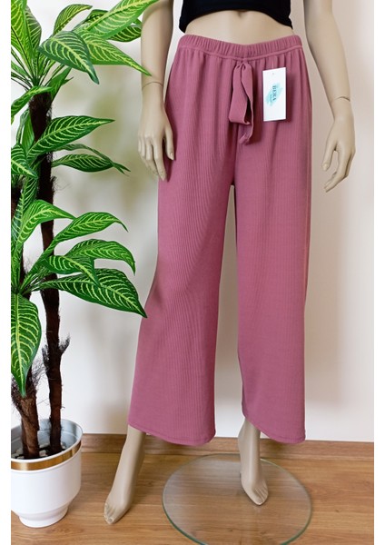 Kadın Gülkurusu Beli Lastikli Dökümlü Geniş Paça Burgu Kumaş Palazzo Pantolon modelleri