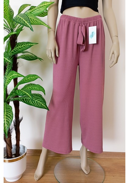 Kadın Gülkurusu Beli Lastikli Dökümlü Geniş Paça Burgu Kumaş Palazzo Pantolon fırsatları