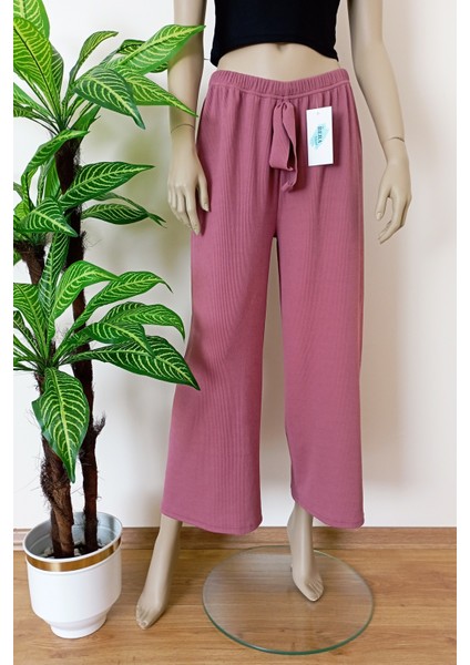 Kadın Gülkurusu Beli Lastikli Dökümlü Geniş Paça Burgu Kumaş Palazzo Pantolon indirimleri