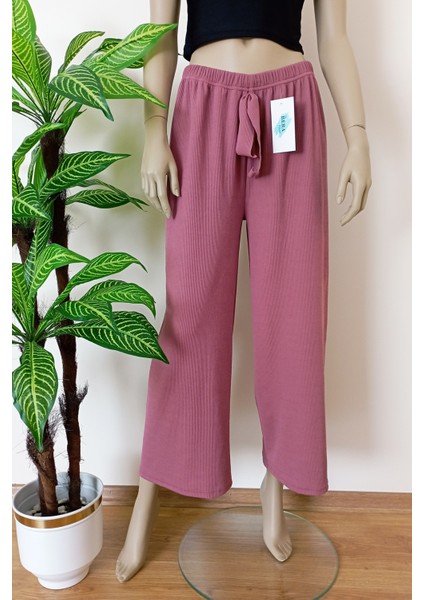 Kadın Gülkurusu Beli Lastikli Dökümlü Geniş Paça Burgu Kumaş Palazzo Pantolon