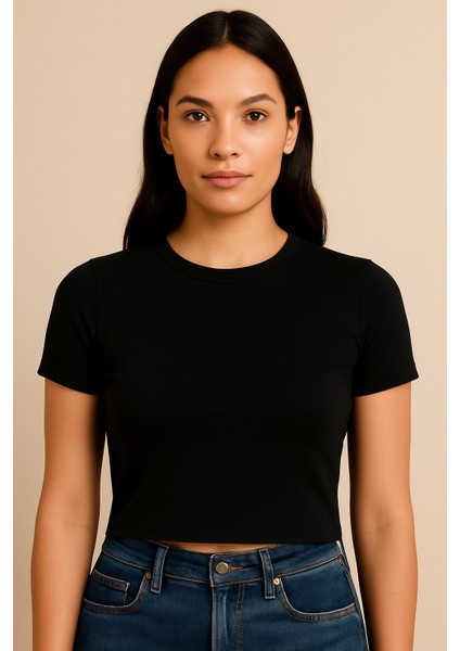 Sıfır Yaka Siyah Modal Kumaş Kadın Crop