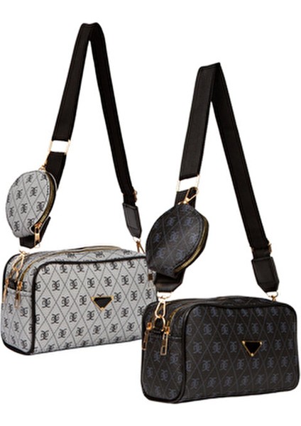 Kadın Desenli Çapraz Askılı Suni Deri Omuz Çantası 2'li Set Şık Tasarım
