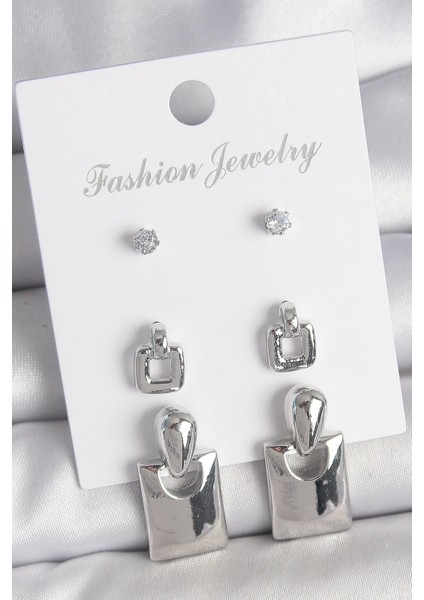 Bfs Pirinç Gümüş Renk Zirkon Taş Detay Sallantılı Kare Model 3 Çift Kadın Küpe Seti