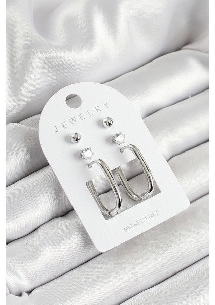 Bfs Pirinç Zirkon Taş ve Dikdörtgen Figürlü Gümüş Renk 3'lü Çift Kadın Küpe Set