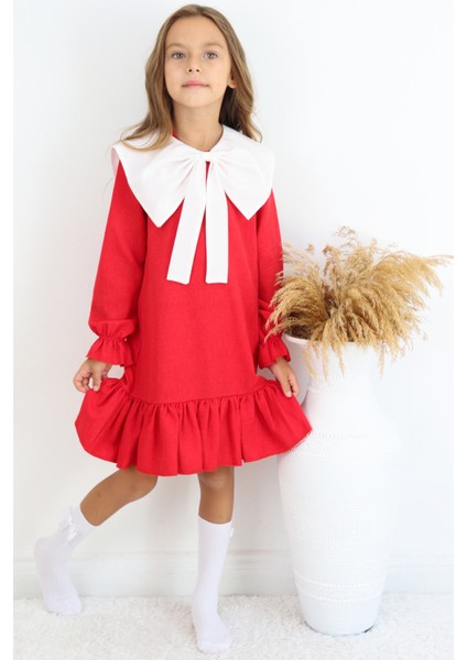 Kız Çocuk Rashel Kırmızı Yakalı Fırfırlı Uzun Kol Keten 23 Nisan 29 Ekim Gösteri Elbisesi