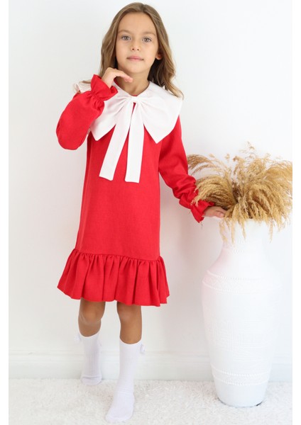 Kız Çocuk Rashel Kırmızı Yakalı Fırfırlı Uzun Kol Keten 23 Nisan 29 Ekim Gösteri Elbisesi fiyatları