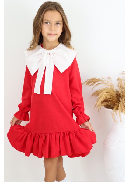 Kız Çocuk Rashel Kırmızı Yakalı Fırfırlı Uzun Kol Keten 23 Nisan 29 Ekim Gösteri Elbisesi modelleri