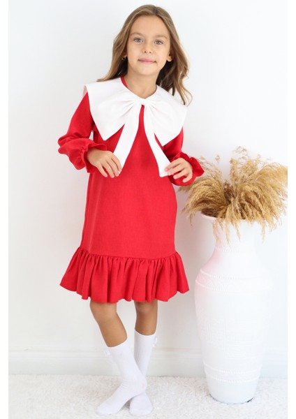 Kız Çocuk Rashel Kırmızı Yakalı Fırfırlı Uzun Kol Keten 23 Nisan 29 Ekim Gösteri Elbisesi fırsatları