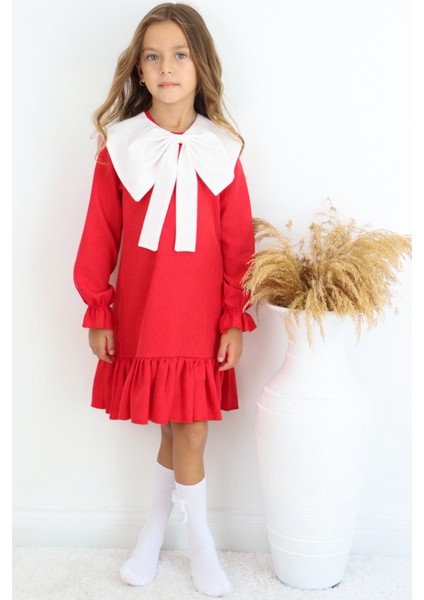 Kız Çocuk Rashel Kırmızı Yakalı Fırfırlı Uzun Kol Keten 23 Nisan 29 Ekim Gösteri Elbisesi indirimleri
