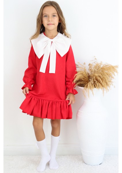 Kız Çocuk Rashel Kırmızı Yakalı Fırfırlı Uzun Kol Keten 23 Nisan 29 Ekim Gösteri Elbisesi