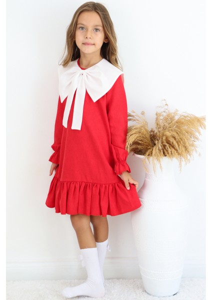 Kız Çocuk Rashel Kırmızı Yakalı Fırfırlı Uzun Kol Keten 23 Nisan 29 Ekim Gösteri Elbisesi