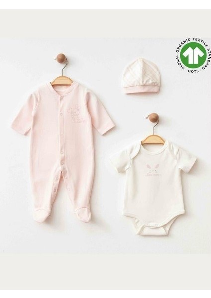 Kız Bebek Tulum Body Şapka Organik 3 Lü Set