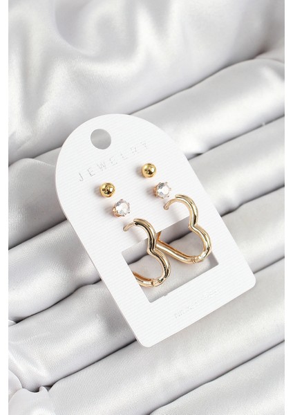 Bfs Pirinç Zirkon Taş ve Kalp Figürlü Gold Renk 3'lü Çift Kadın Küpe Set