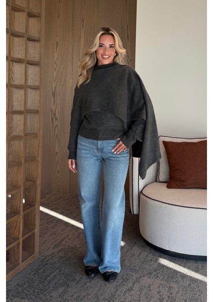 Antrasit Atkı Detaylı Triko Kazak - 98073 modelleri