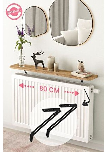 Montajsız Petek Üstü Uçan Raf Dresuar Kalorifer Peteği Rafı Kitaplık 80 x 18 cm Çam Oval Kesim