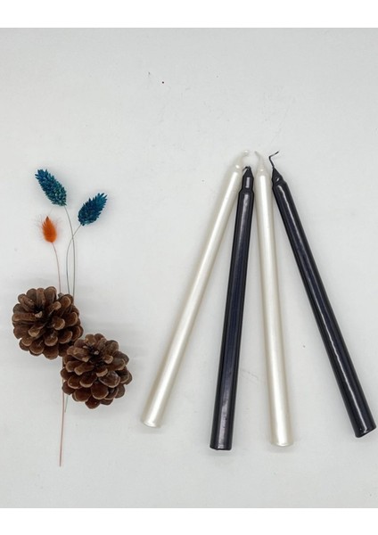 4'lü Metalik Siyah ve Inci Beyaz-Şamdan Mum-Konik Mum