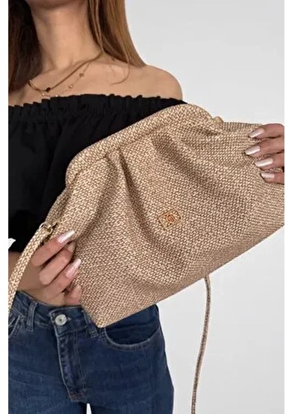 Kadın Vizon Hasır Görünümlü El ve Omuz Askılı Clutch Çanta