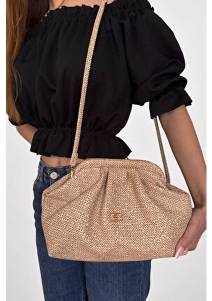 Kadın Vizon Hasır Görünümlü El ve Omuz Askılı Clutch Çanta modelleri