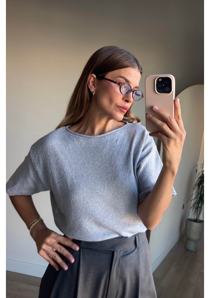 Gri Bisiklet Yaka Oversize Triko Bluz