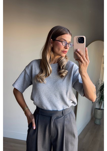 Gri Bisiklet Yaka Oversize Triko Bluz modelleri