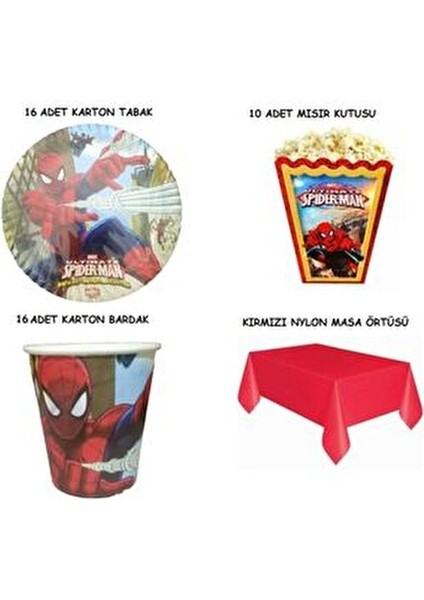Örümcek Adam Spiderman 16 Kişilik Tabak Bardak Mısır Kutusu Kırmızı Masa Örtüsü Seti