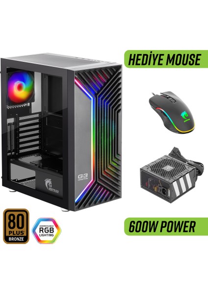 Griffin G3 Plus Argb Gaming Bilgisayar Kasası (4×120MM Fan + Tempered Cam) – 600W 80+ Bronze Psu Dahil