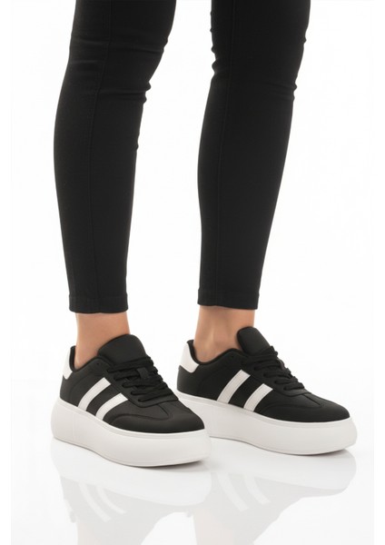 Siyah Beyaz Yüksek Taban Bağcıklı Unisex Sneaker Dvs-01 Z